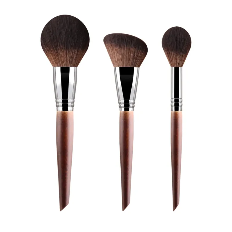 3Pcs Solid Wood Handle Powder Brush Set Round Setting Powder/Angled Contour/Flame Blush Brush Synthetic Fiber