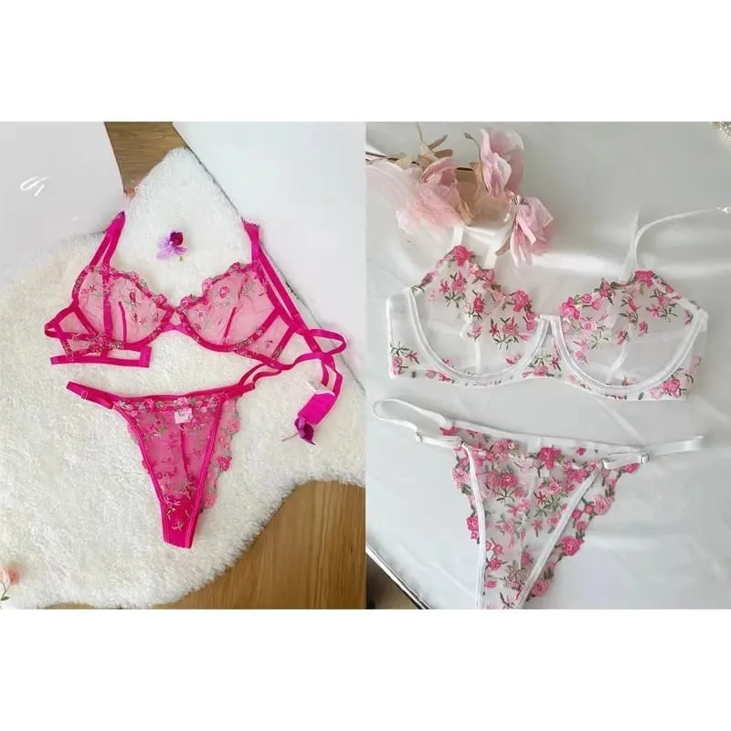 Korean Hot Lace Bra Set Floral Embroidery Transparent Mesh Ultra Thin Big Bust Modest Summer Ladies Daily Wear Underwear 32-38 — image 4