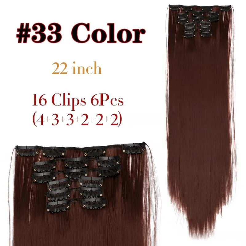 Black Clip In Extensions Straight 22" Long Synthetic Thick Clips On Hair Piece For Women 6Pcs/Set Curly Full Head Weddings Daily