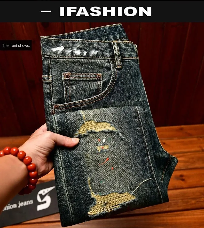 Broken hole patch jeans for men 2025 new men's clothing paint printing trend design retro nostalgic slim fit denim pants — image 8