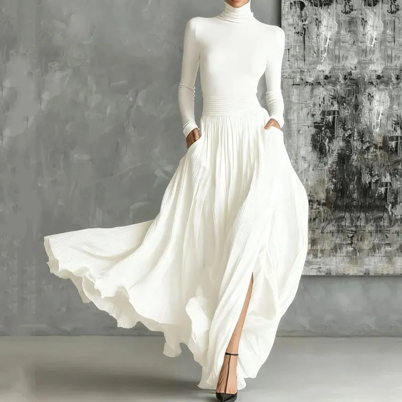 France Elegant Two Piece Skirt Set for Women's Pockets Solid Minimalist Split Hem Pleated A Line Vintage Turtleneck Slim Suits — image 1