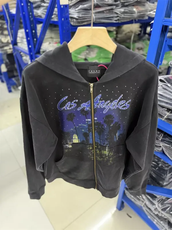 False Rhinestone Starry Sky Pattern Print Washed Zipper Loose Hoodie Street Casual Cotton Versatile Sports Trendy Sweatshirt — image 16