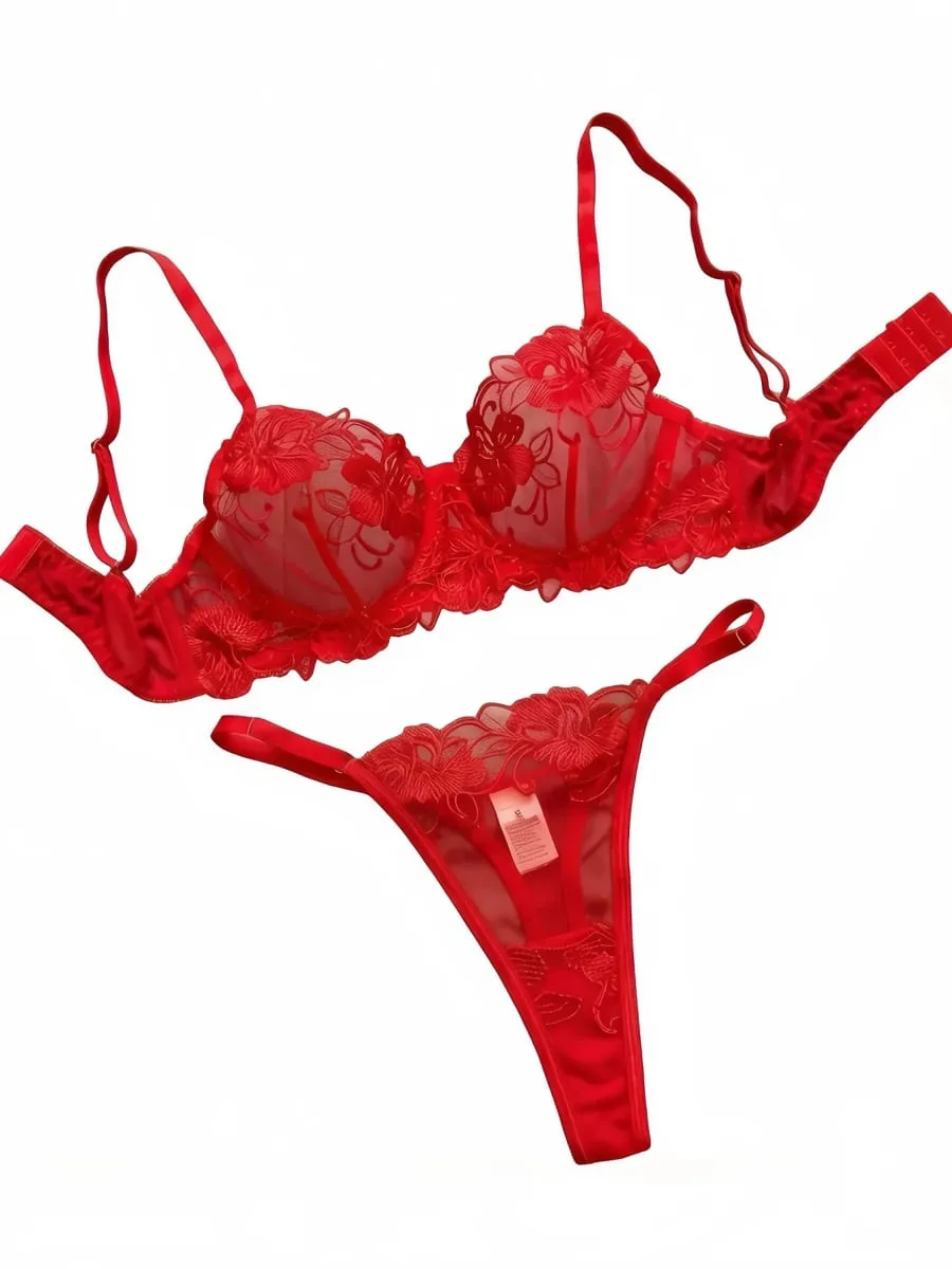 A1 Sexy Red Floral Embroidery Sheer Lace Lingerie Set S-XL Women See Through Mesh Bra Thong 2Pcs Romantic Valentine Intimates — image 2