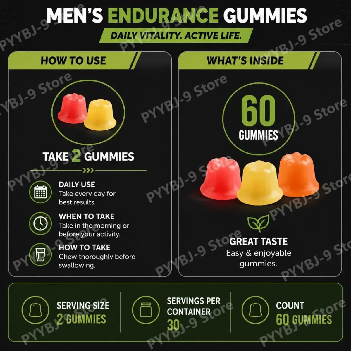 Googeer Men's Endurance Gummies Energy and Vitality Support Blood Flow & Post Training Muscle Recovery Support 60 Count