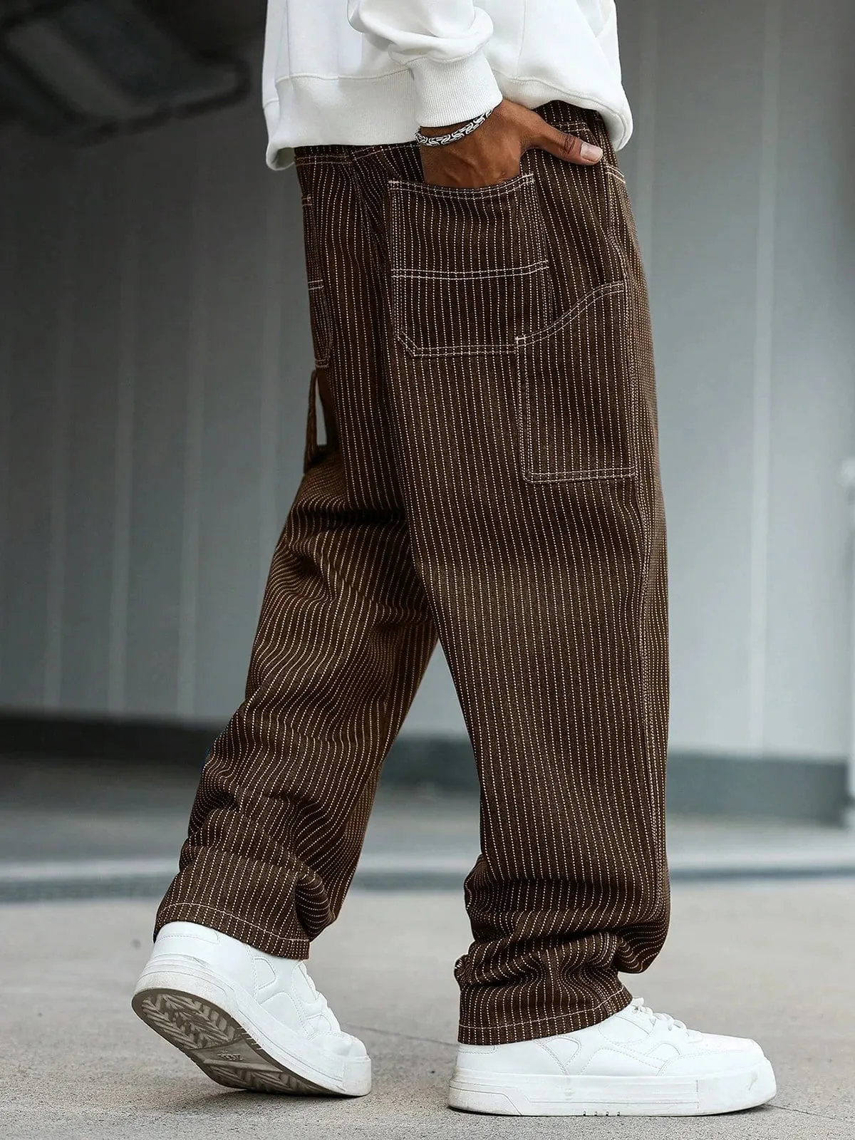 Men's vintage brown-and-white thin pinstripe loose wide-leg denim trousers Y2K workwear street-style unisex casual jeans
