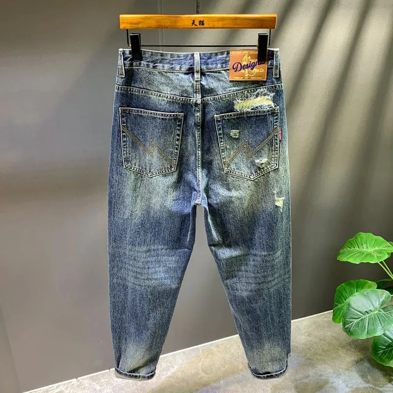2025 Autumn/Winter New Men's Trendy Piercing Patch Jeans with Letter Printed Micro Loose Pants
