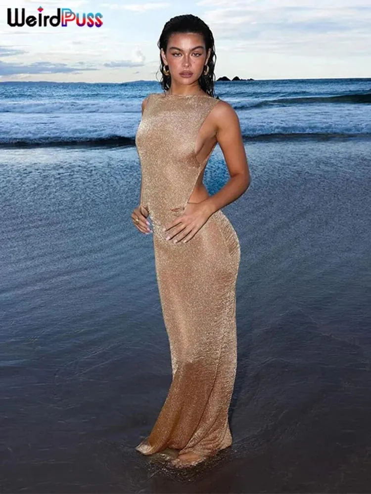 Gaun Tembus Pandang Kucing Aneh Wanita 2024 Musim Panas Tipis Tanpa Lengan Glitter Belahan Coquette Backless Clubwear Pantai Seksi Vestidos — image 6