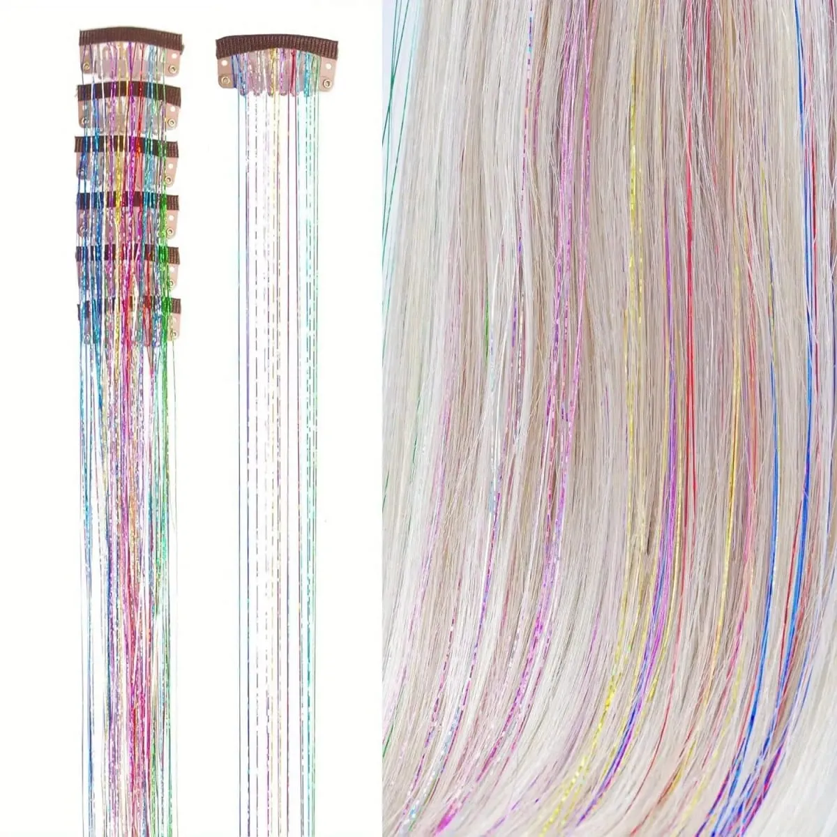 6Pcs 50cm Sparking Shiny Hair Tinsel Hair Extensions Tinsel Synthetic Hair Clip Extensions Women for Braiding Headdress — image 10