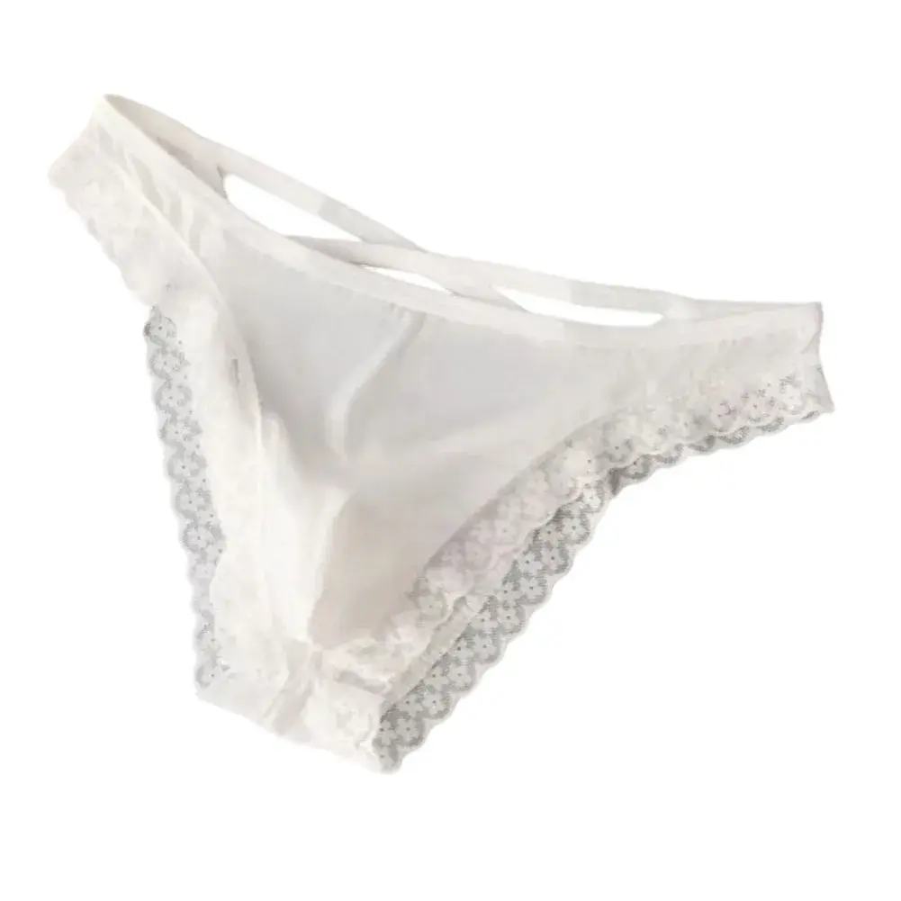 Men Side Strap Lace Briefs Silky Smooth Scalloped Floral Lace Low Waist Stretch Thin Underwear Sissy Panties