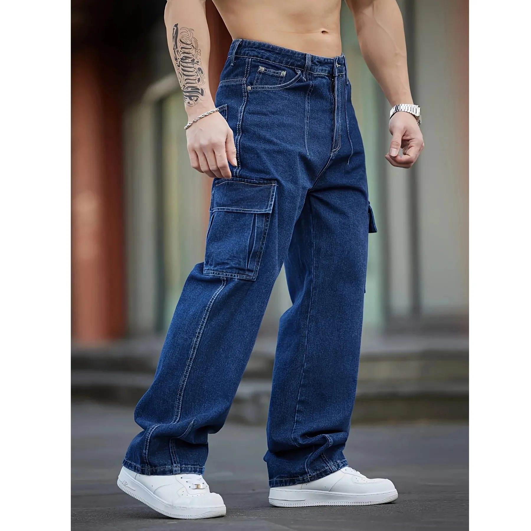 2026 New Arrival Men Cargo Jeans Multi‑Pocket Loose Wide Leg Straight Denim Pants HipHop Street Workwear Trousers — image 7