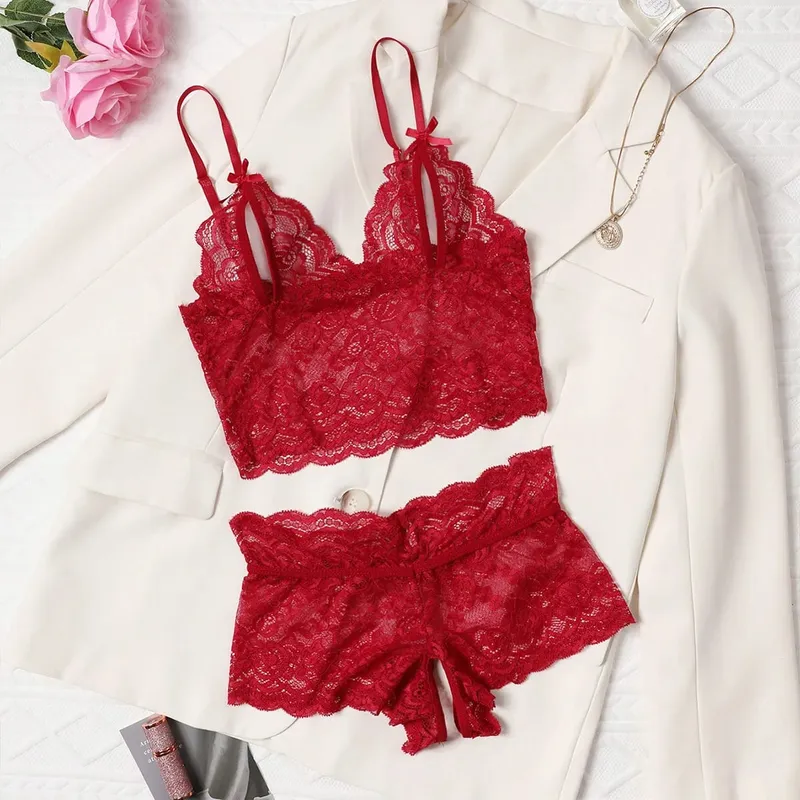 Open Bra 2 Pcs Women Lace See-Through Pajama Black Cute Clothes Comfortable Breathable Suspender Shorts Bra And Brief Set Hollow — image 8