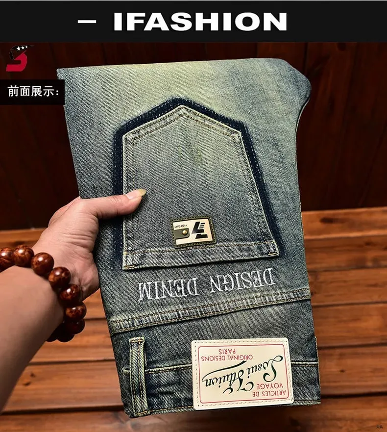 2026 Retro Nostalgic Jeans Men's Embroidered Print Spring and Autumn Men's Clothing Elastic Slimming Small Foot Trendy Pants — image 7