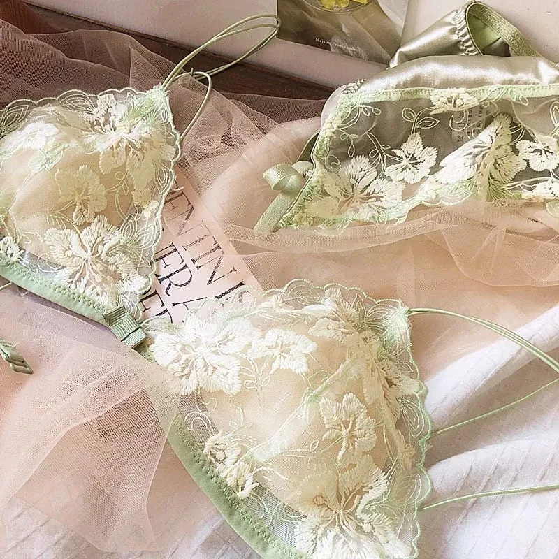 French Lace Bralette Small Bust Women Wireless Ultra Thin Sexy Embroidery Mesh No Underwire Push Up Comfort Bra Set BANERDANNI — image 1