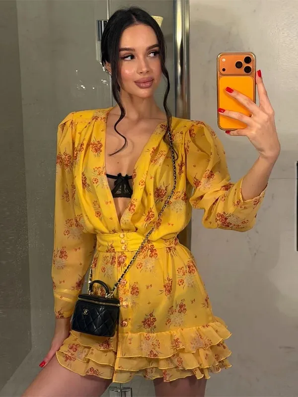 Sexy Floral Printed Mini Dress Women V-neck Flared Sleeve Waist Cinching Ruffle Bodycon Vestido 2026 Lady Party Vacation Gowns — image 14