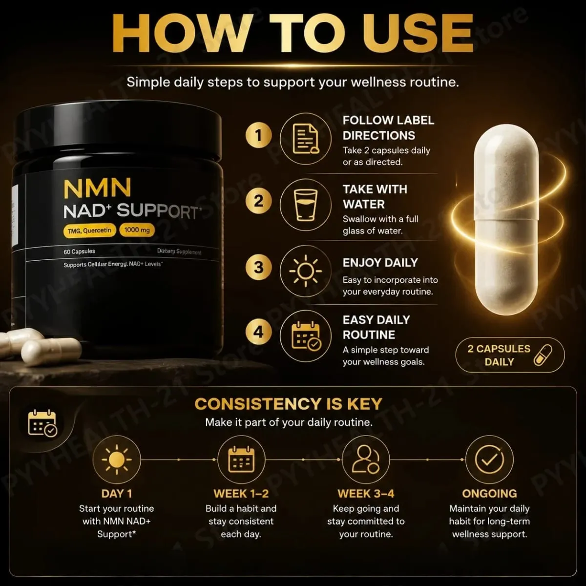 NMN NAD+ Support Capsules 1000mg Supports Cellular Energy Cognitive Health NAD+ Levels with TMG Quercetin 60 Capsules Adults — image 7