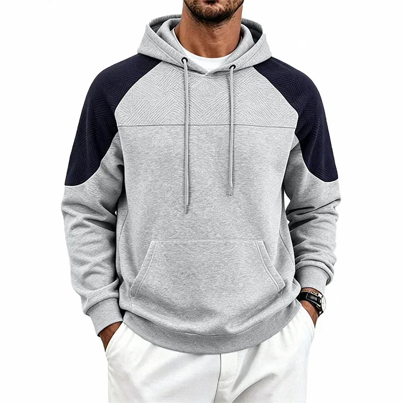 Autumn Winter Men Color Block Raglan Hoodie Textured Chest Panel Drawstring Kangaroo Pocket Loose Casual Streetwear Sweatshirt — image 18