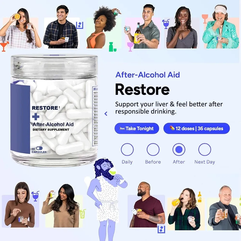 Restore After-Alcohol Aid Drink Supplement with DHM + L-Cysteine - Feel Better After Drinking & Support Your Liver - 36 Capsules