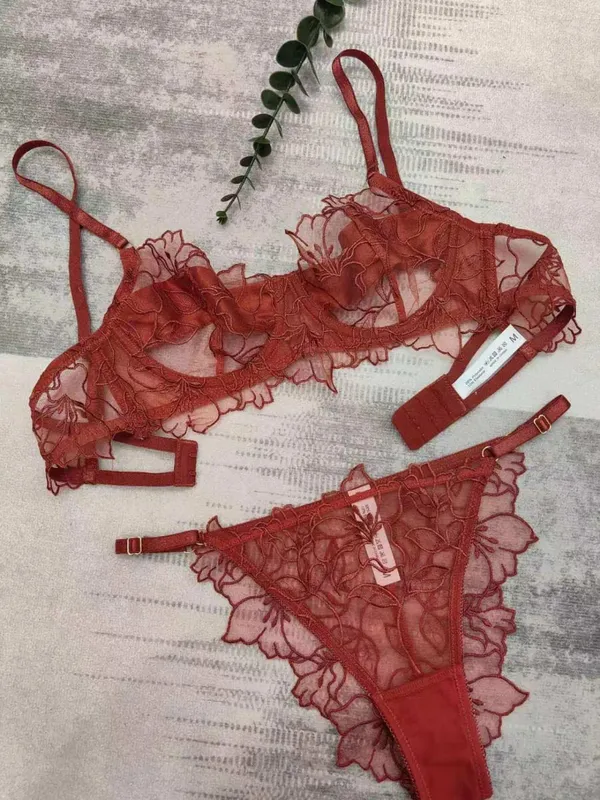 French Embroidered Lace Lingerie Set Large Bust Small Look Bra Wire Free Anti Sagging Top Sheer Bras for Women S-XL 32-38AB — image 12