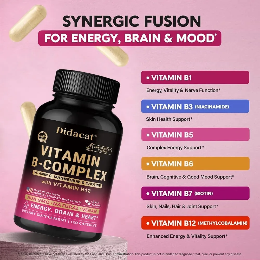 Vitamin B Complex with Vitamin C Choline & Inositol Support Energy Metabolism Nerve Health Cardio Wellness & Immune Defense