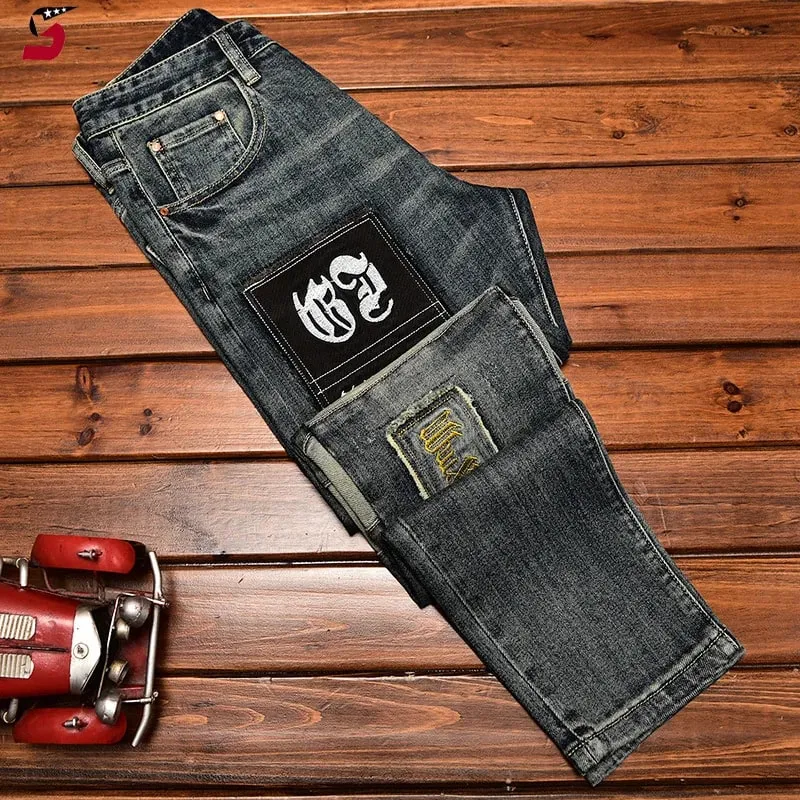High-End Jeans Men's Autumn and Winter Fashion Ripped Patch Pu Shuai Embroidered Printed Slim Fit Skinny Stretch Pants — image 5
