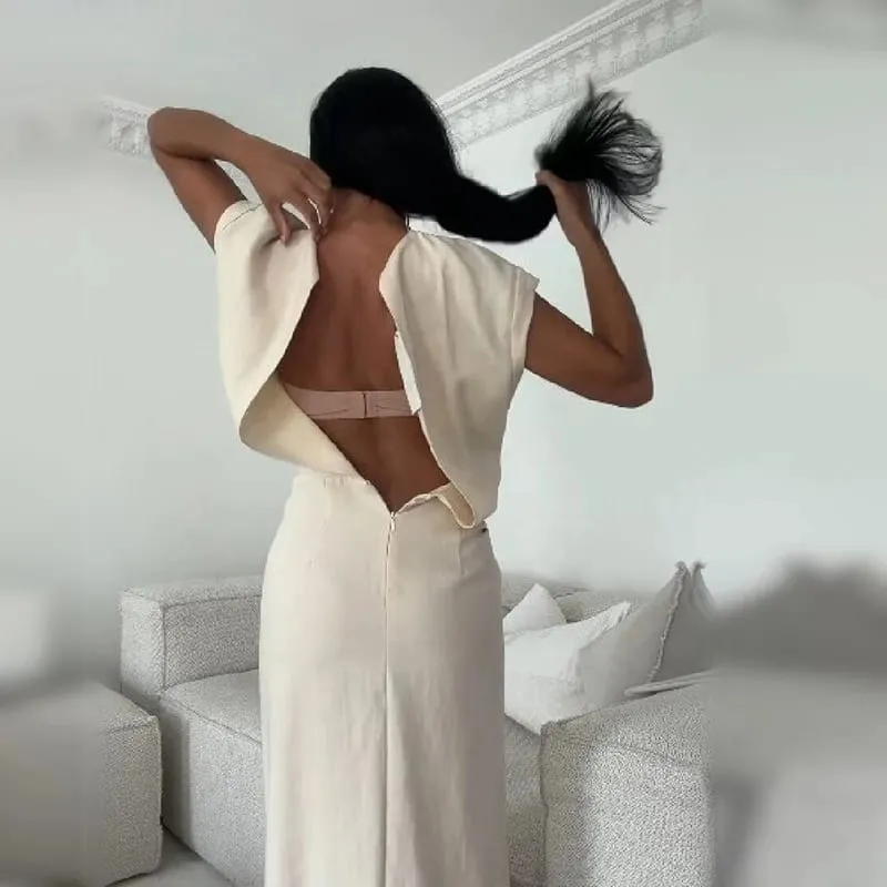Elegant Beige Cap Sleeve Midi Dress Women Chic Round Neck Ruched Waist Ruffle High Slit Casual Gown Formal Office Party Dresses — image 5