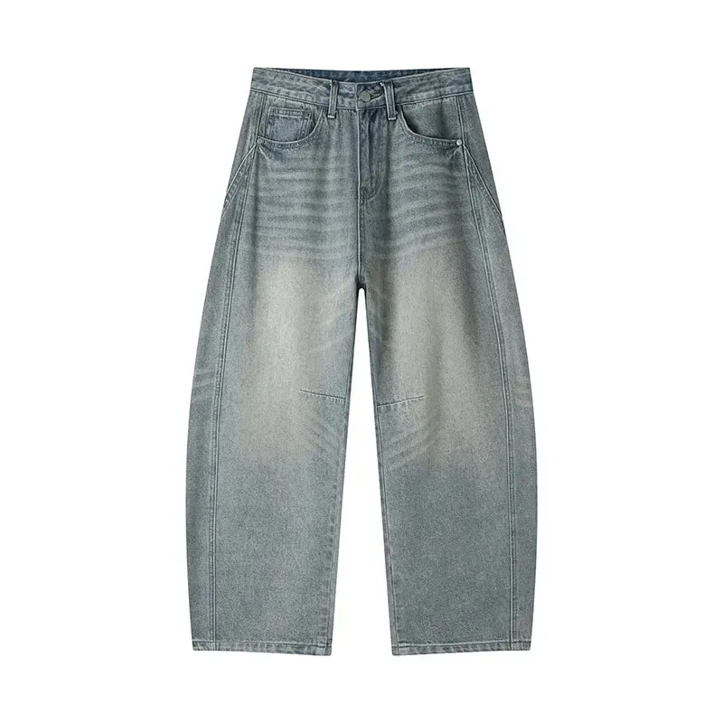 Men 2026 New American Curved Cut Jeans Fall Winter High Street Washed Whiskering Wide Leg Vintage Loose Denim Trousers — image 5
