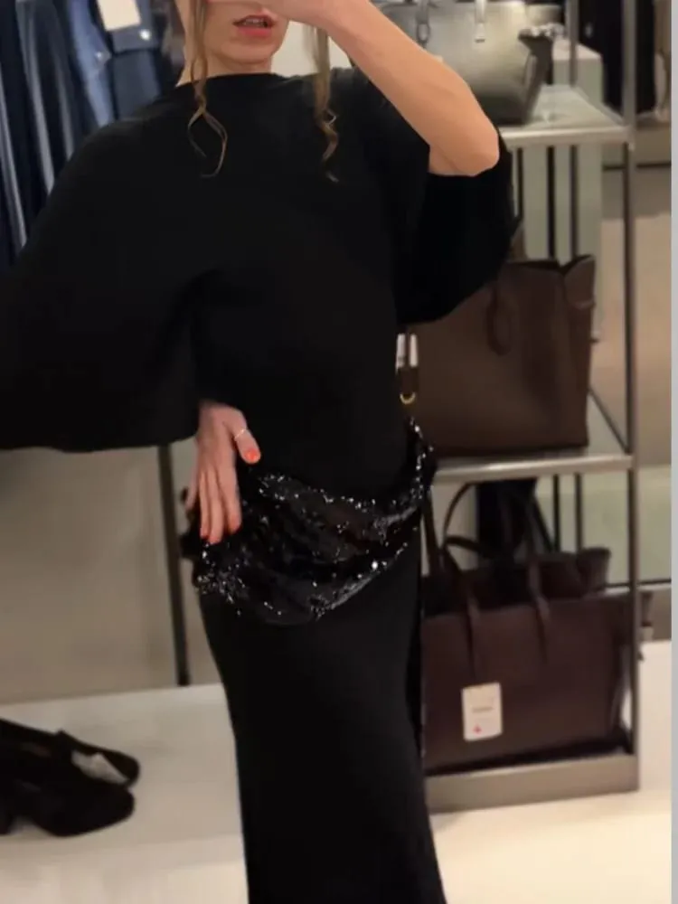Sequin Patchwork Backless Dress Women Elegant Solid Middle Sleeve Cinched-waist Slim Long Dresses Fashion Evening Party Vestidos — image 3