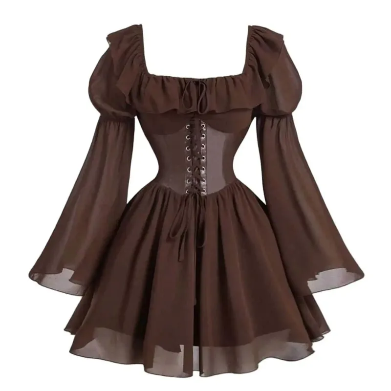 Renaissance Period Medieval New Long Sleeved Women's Bubble Sleeve Dress Halloween Fashion Retro New Party Waist Cinched Skirt — image 11