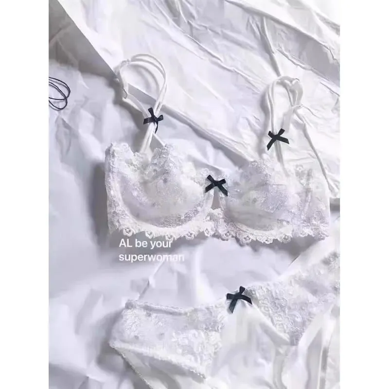 Europese kanten bh-set Ultradunne semi-transparante halve cup Pure Desire Bh's voor kleine borsten Anti-verslapping Comfortabel ondergoed — image 2