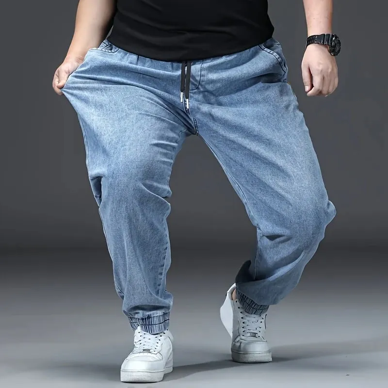 Men's Elastic Waist Loose Straight Jogger Jeans Plus Size Cuffed Ankle Denim Pants pantalones hombre Casual Trousers