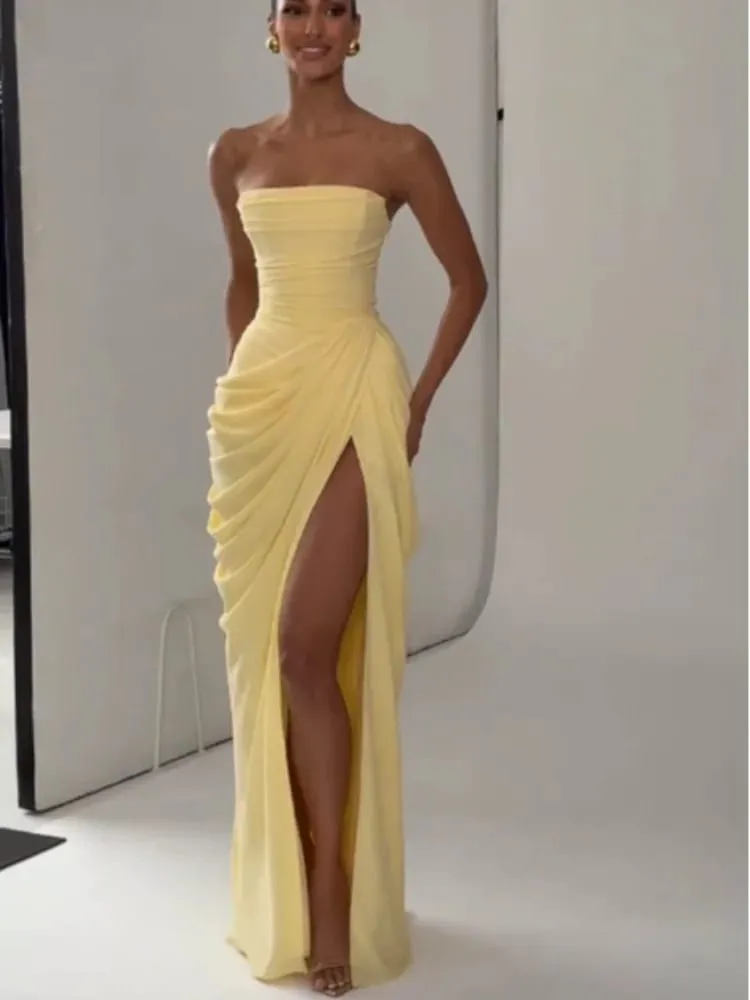 Elegant Yellow Strapless Pleated Dress Women Chic Sleeveless Waist Cinching Split Maxi Gowns 2026 Lady Evening Party Dresses — image 6