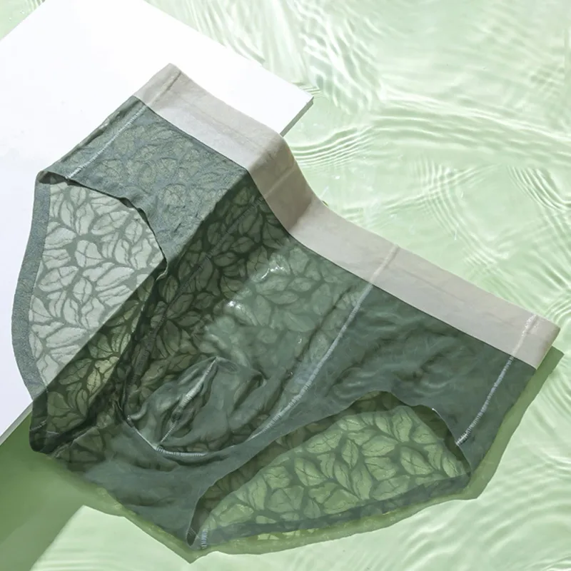 Biancheria intima da uomo ultrasottile in seta di ghiaccio da uomo, mutandine traspiranti in pizzo jacquard senza cuciture, custodia rigonfiante 3D, lingerie in rete trasparente — image 12