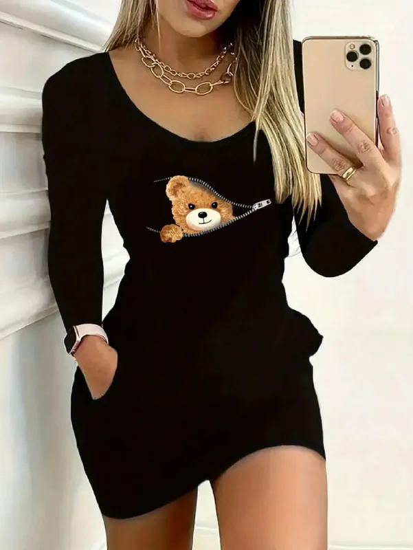 2026 Women's Casual Elegant Solid Color Round Neck Bear Zipper Printed Long Sleeve Dress Short Skirt Suitable for Daily Travel