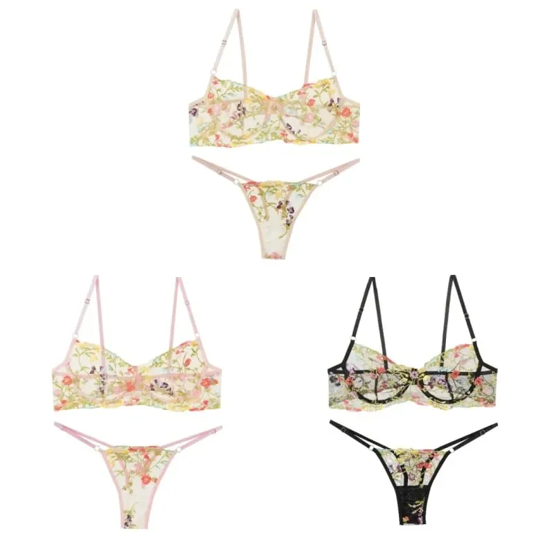 Women's New Sexy Embroidered Floral Lingerie Set Single-Layer Underwire Bra Thong Pants Hollow Transparent Out Lingerie Set — image 2