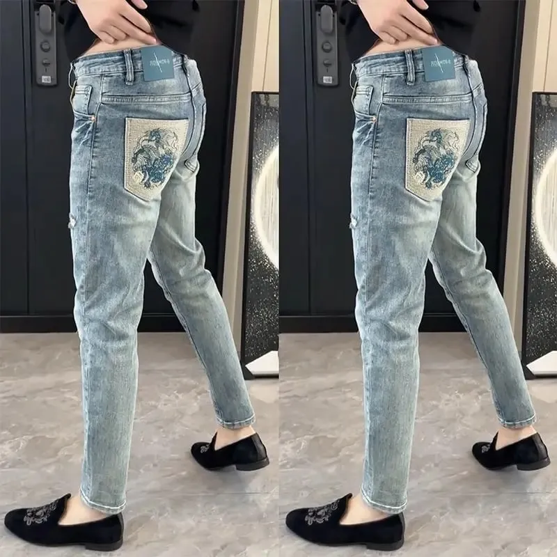 Summer New Slim-fit Men's Jeans Thin Brand Embroidery 2025 Designer Korean Style Clothes Casual Pants Luxury Fashion Pants — image 5