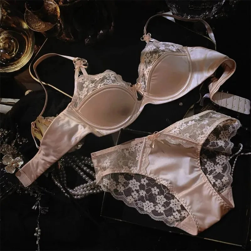 French Premium Satin Half Cup Lace Underwear Women's Thin Sexy Gathering Top Support Glossy Bra Set Big Breasts Small 32-38 Set — image 4