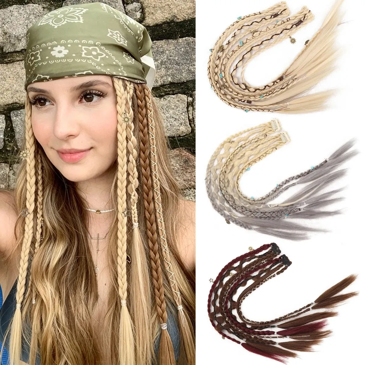 20 Inches Bohemia Clip in Hair Extensions Handmade Synthetic Weaving Clip-on Long Braid Fairy Hair Synthetic Hair Extensions — image 2