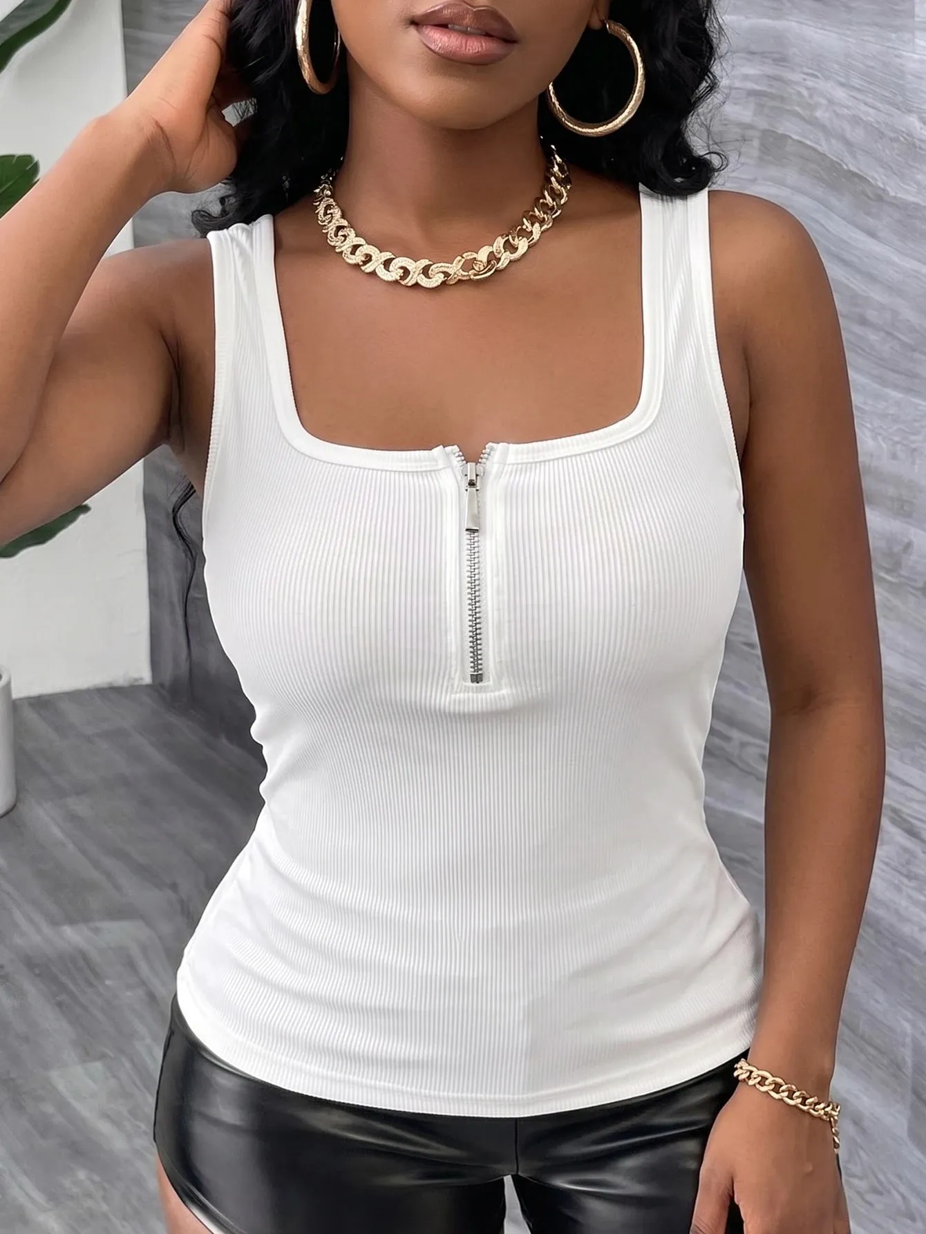 Women's Mock Half-Zip Tank Top Ribbed Solid Color Sleeveless Cami Top Fashion Soft Casual Sports Vest Top