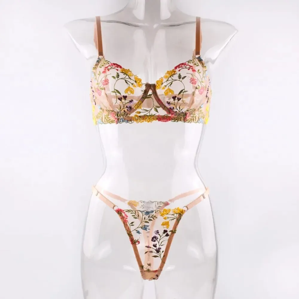2-delige bloemenlingerieset pure veelzijdige ondergoed-intimates borduren beugel push-up bh panty set voor dames meisje — image 2