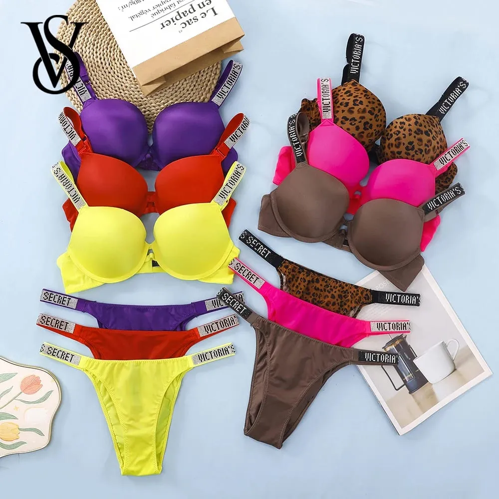 Victoria Secret Sexy Women Underwear Very Sexy Logo Shine Strap Push Up Bra Shine Script Thong Panty Set Hot — image 1