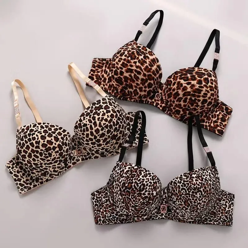 Sexy Thick Lingerie Set Leopard Print Upper Thin Lower Thick Bra Set Sexy Push-Up Bra Set