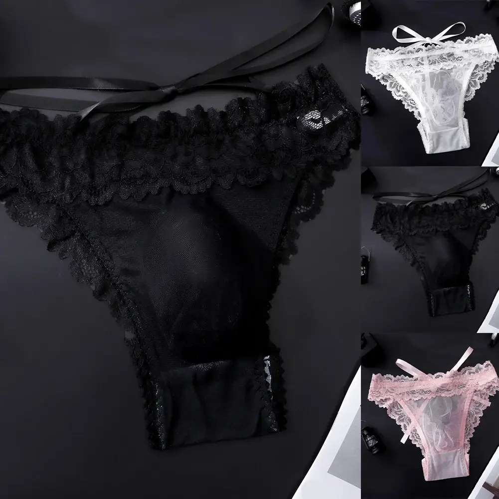 1pc Men's Bow Mesh Lace Hollow Out Briefs Ultra-thin Underwear 3D Bulge Pouch See Through Panties Low Waist Breathable Lingerie