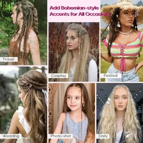 2PCS Synthetic 20Inch Bohemian Braided Ponytail Hair Extensions With Metal Charms Brown Mix Burgundy Handmade Box Braid Ponytail — image 6
