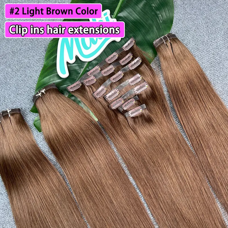 #2 Color Straight Clip ins Human Hair Extensions 100 Grams 7Pcs/Set Seamless PU Weft Clips in Vietnamese 100% Raw Virgin Hair