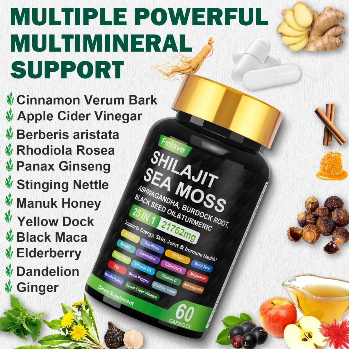 Sea Moss Shilajit Ashwagandha Sea Moss Capsule Supplement with Turmeric Burdock Root Bladderwrack Vitamin C Vitamin D3 Enhanced Immunity & Energy Black Seed Oil Capsule — image 3