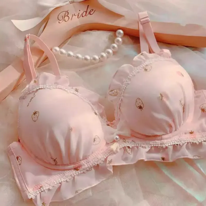 Cute Strawberry Print Wireless Thin Cup Push Up Bra Panty Set Kawaii Japanese Comfort Underwear For Small Chest Daily Wear S-XL — image 12