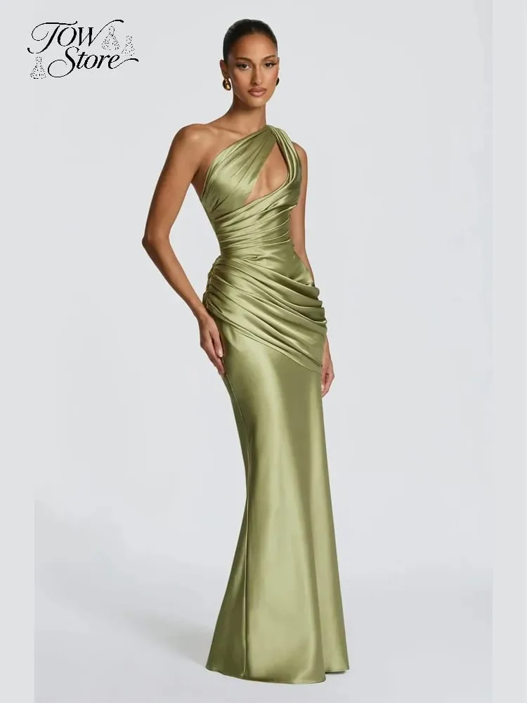 Elegant Solid Ruched Satin Maxi Dress Women One-shoulder Sleeveless Slim Fit Flowy Dresses 2026 Lady Summer Evening Vestidos — image 5