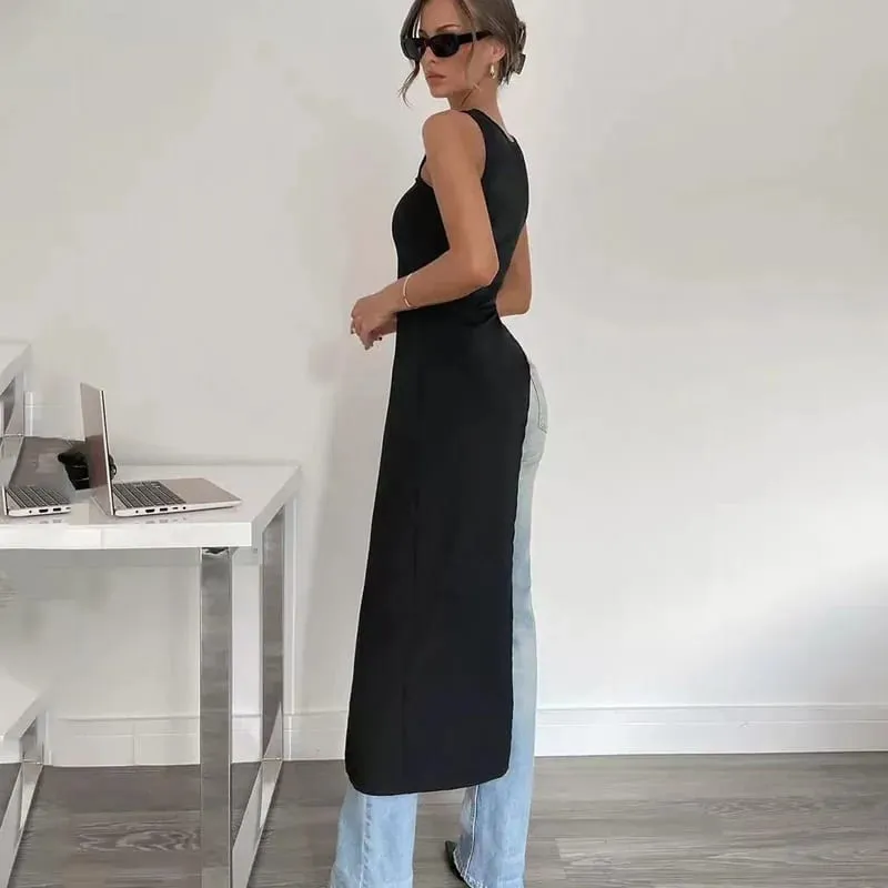 Sexy sleeveless side high slit dress solid color back free women's MIDI dress summer party club streetwear y2k — image 2