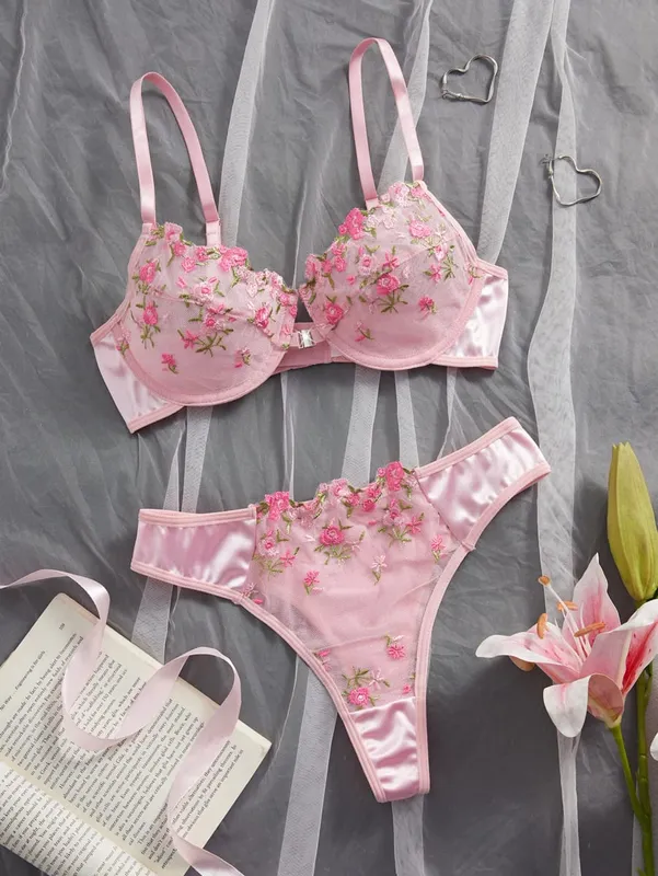 Pink Floral Embroidery Lingerie Set 2PCS Underwired Semi-Sheer Front Closure Back Double Hooks Sexy Underwear for Romantic Occas