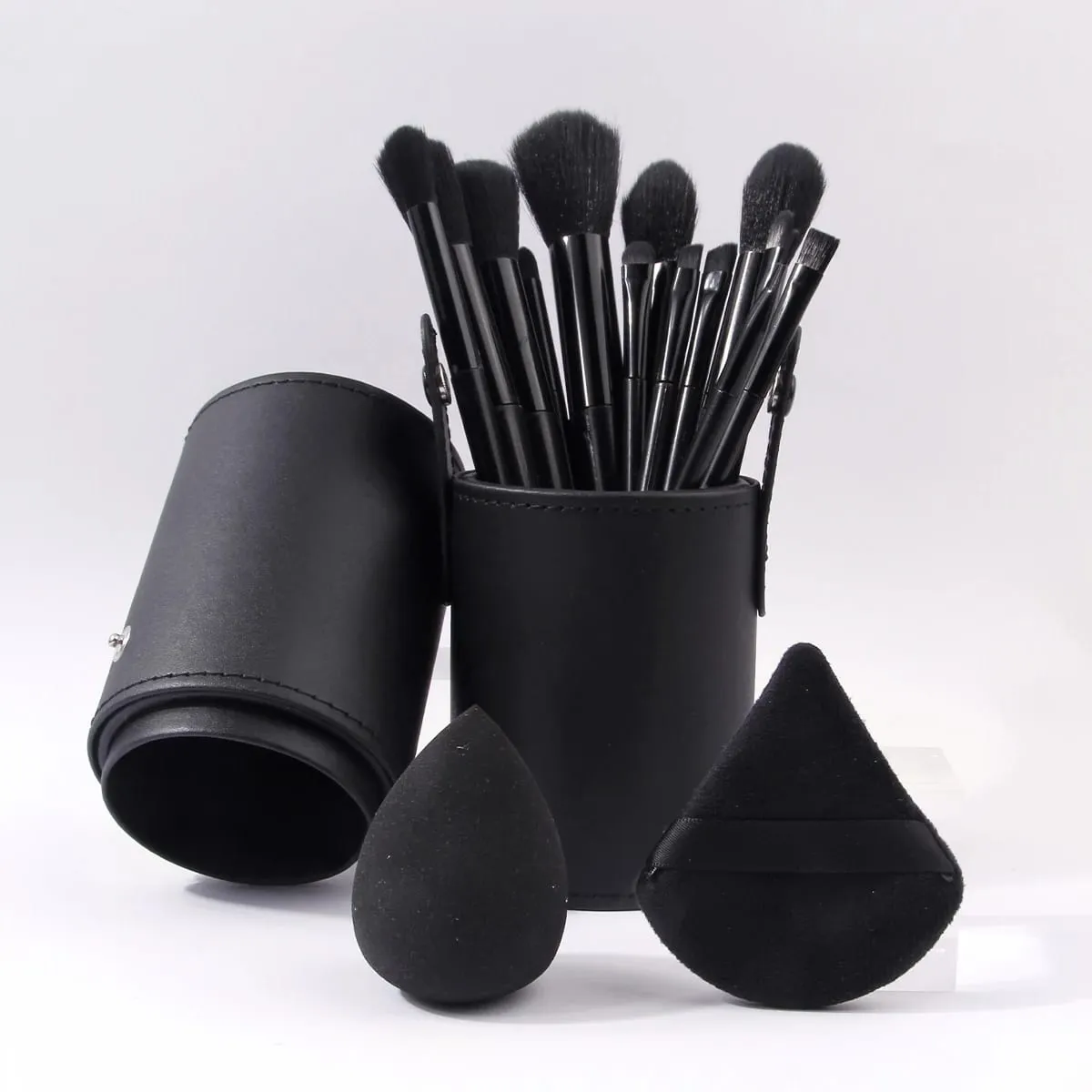 16Pcs Black Makeup Brush Kit with Storage Holder & Powder Puffs Soft Fluffy Brushes Premium Black Synthetic Brushes for Full F